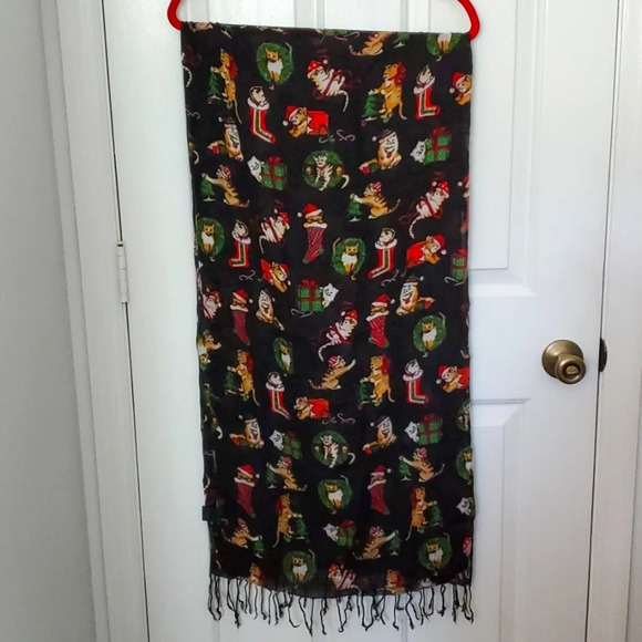 Cat Christmas Scarf/Shawl approx 70x20 100% Viscose - Picture 1 of 6